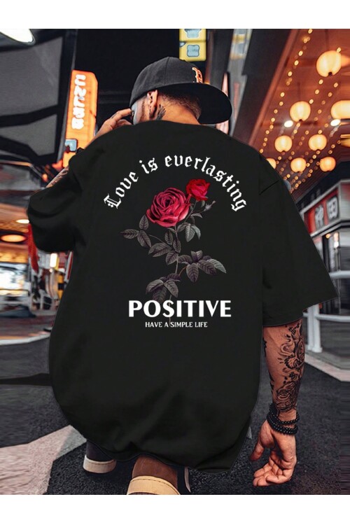 Erkek Siyah Bisiklet Yaka Love is Overlasting Baskılı T-Shirt