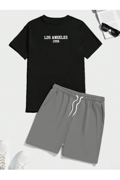 Erkek Siyah-Gri Alt-Üst Baskılı Şort Takım