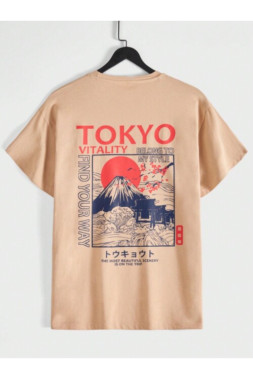 Erkek Taş Bisiklet Yaka Tokyo Vitality Baskılı T-Shirt