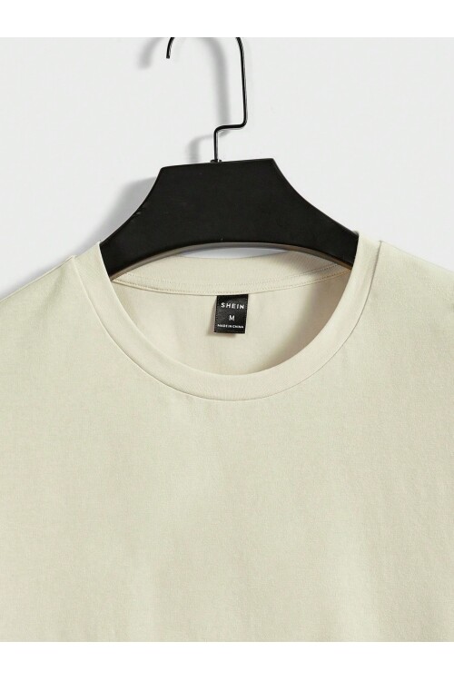 Erkek Taş Rengi Bisiklet Yaka Arkası Japan Efekt Baskı Detaylı T-Shirt