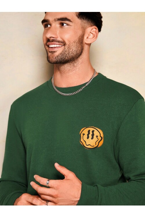 Erkek Yeşil Bisiklet Yaka Gülen Yüz Baskılı Uzun Kol T-Shirt