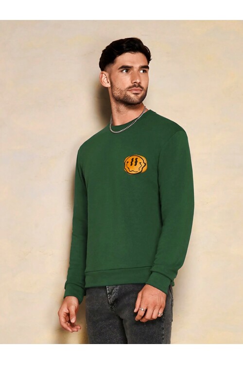 Erkek Yeşil Bisiklet Yaka Gülen Yüz Baskılı Uzun Kol T-Shirt