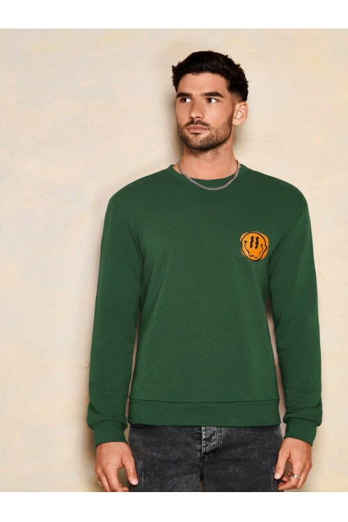 Erkek Yeşil Bisiklet Yaka Gülen Yüz Baskılı Uzun Kol T-Shirt