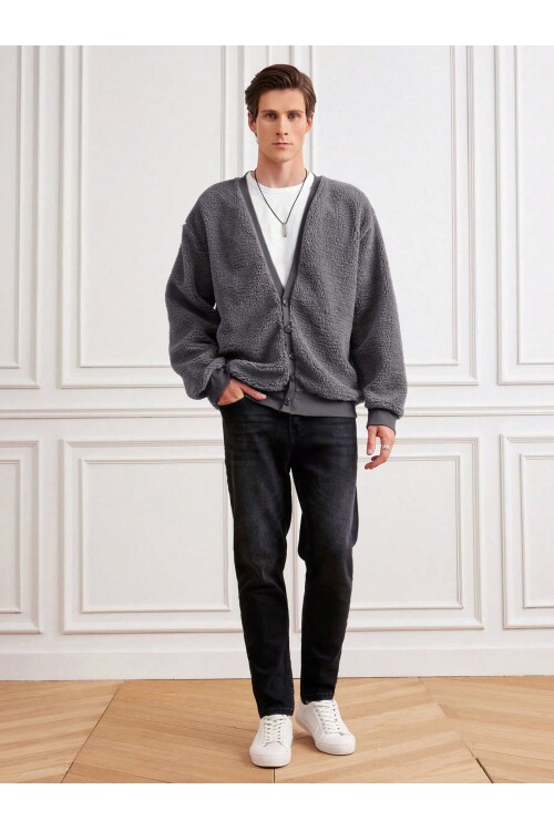 Gri/antrasit V Yaka Düğmeli Peluş Hırka