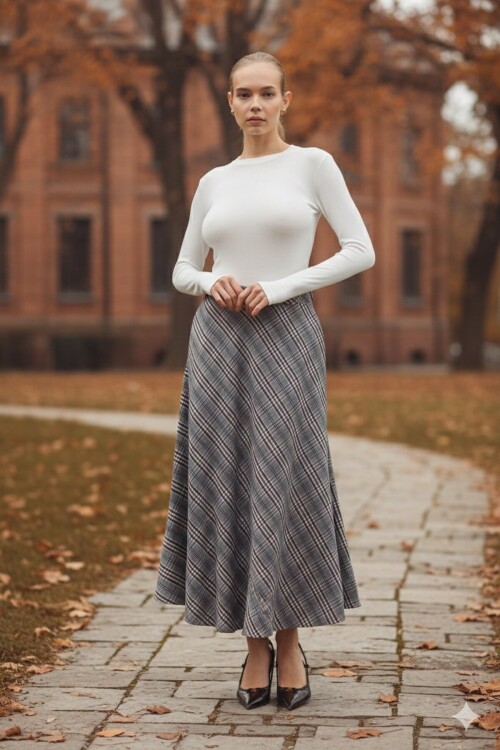 Gri-Kahve Aura Yüksek Bel A-Kesim Ekose Midi Etek