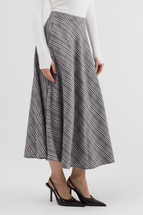 Gri-Kahve Aura Yüksek Bel A-Kesim Ekose Midi Etek