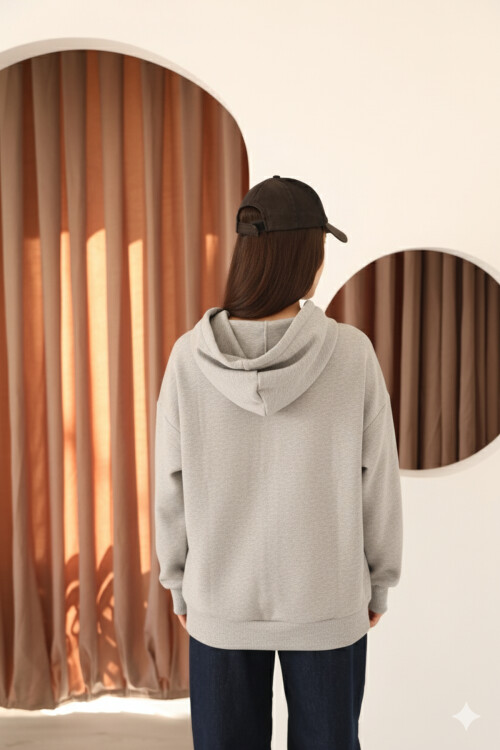 Gri Oversize İçi Polar ve Fermuar Detaylı Kapüşonlu Kadın Sweatshirt