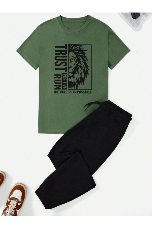 Haki Aslan Baskılı %100 Pamuk Erkek T-Shirt