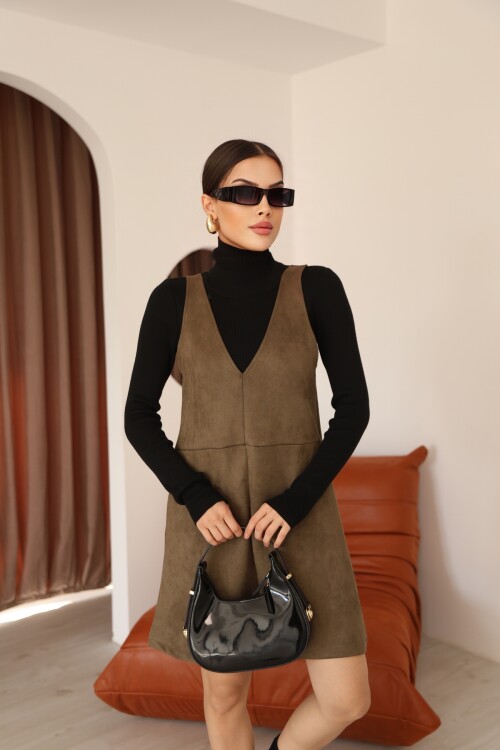 Haki Süet V Yaka Diz Üstü Panel Detaylı Kadın Elbise