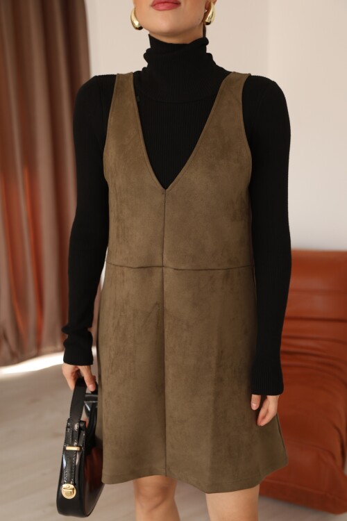 Haki Süet V Yaka Diz Üstü Panel Detaylı Kadın Elbise
