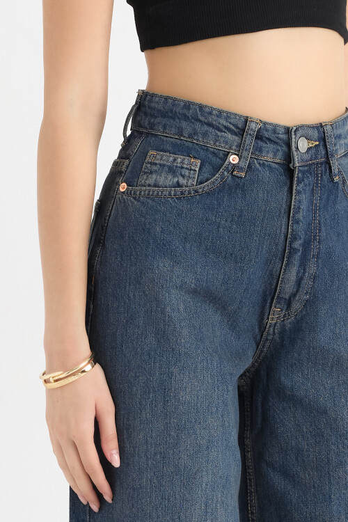 İndigo Yıkamalı Yüksek Bel Rahat Kesim Wide Leg Kot Pantolon