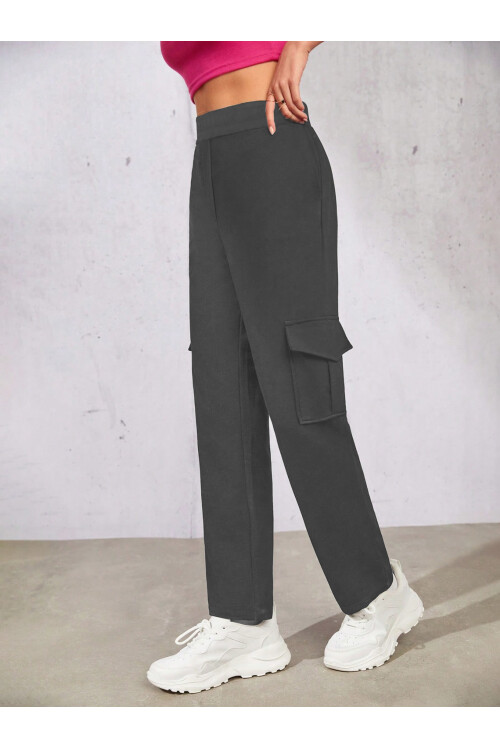 Kadın Antrasit Beli Lastikli Düz Paça Kargo Pantolon