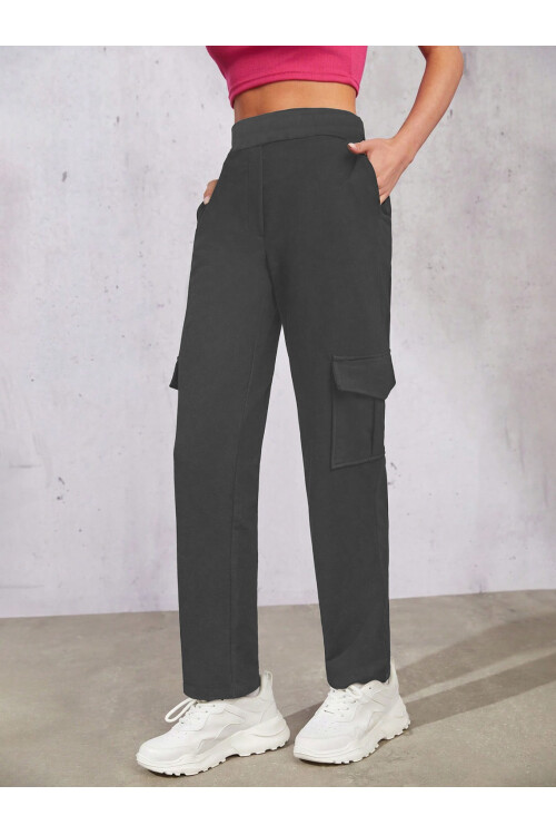 Kadın Antrasit Beli Lastikli Düz Paça Kargo Pantolon