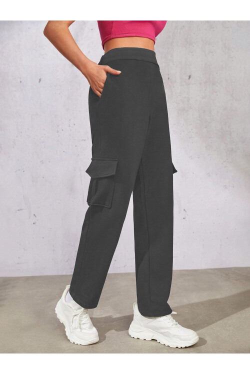 Kadın Antrasit Beli Lastikli Düz Paça Kargo Pantolon