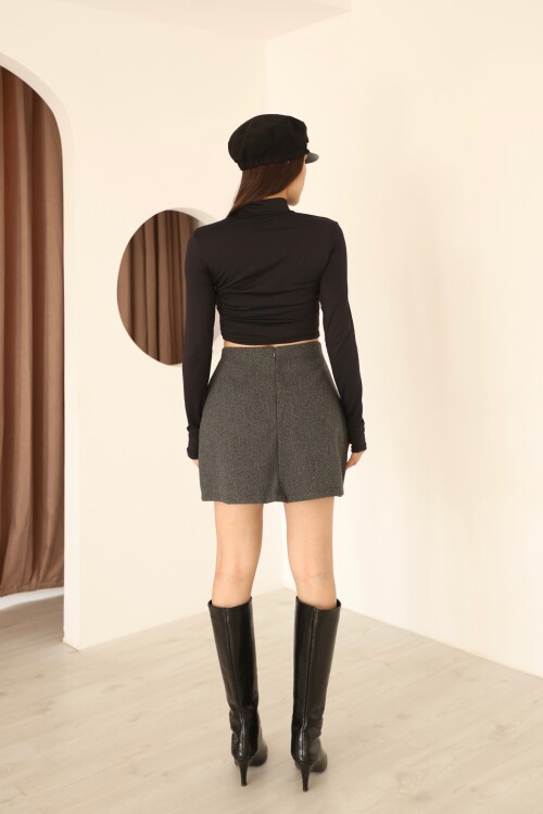 Kadın Antrasit Kaşe Önde Kare Cep Detaylı Yüksek Bel Mini Etek