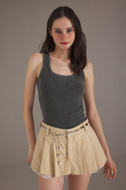 Kadın Antrasit Yıkamalı Yıldız Detay Kaşkorse Atlet