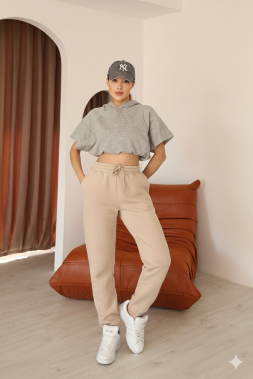 Kadın Bej Relaxed Kalıp Paça ve Bel Lastik Detaylı Eşofman Altı