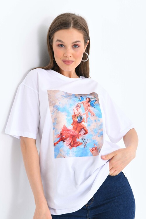 Kadın Beyaz Önü Transfer Baskılı Boyfriend Kalıp %100 Pamuk Örme T-Shirt