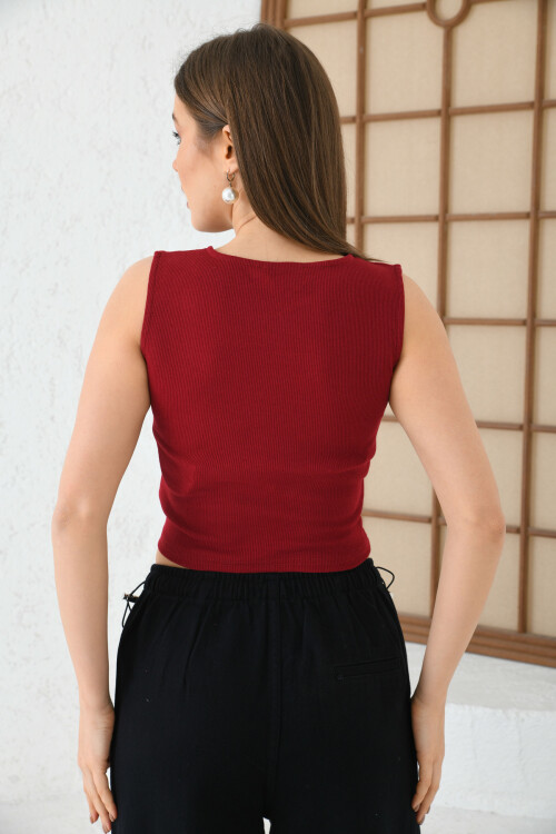 Kadın Bordo Büzgü Detaylı V Yaka Örme Crop Bluz 