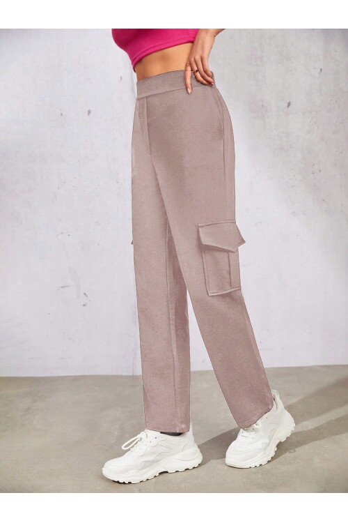 Kadın Camel Beli Lastikli Düz Paça Kargo Pantolon