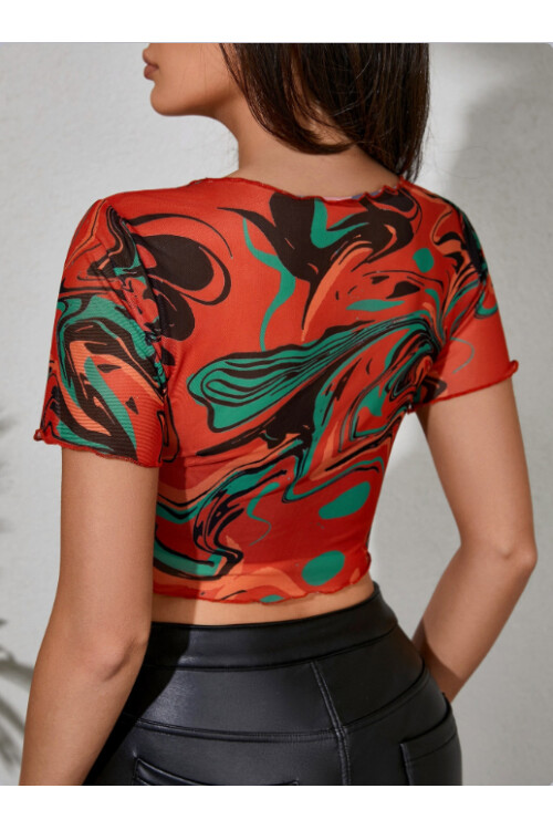 Kadın Çok Renk Baskı Detaylı Crop Tül Bluz 