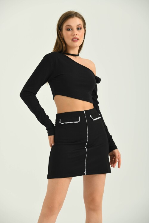 Kadın Dantel Detay Siyah Mini Etek