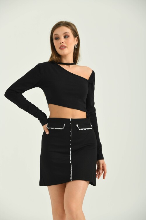 Kadın Dantel Detay Siyah Mini Etek