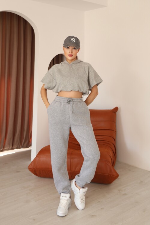 Kadın Gri Melanj Ay Kol Kapüşonlu Relaxed Kalıp Örme Crop Sweatshirt