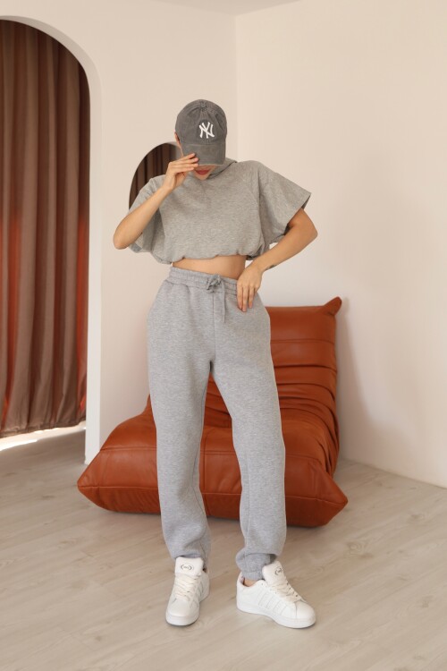 Kadın Gri Melanj Relaxed Kalıp Paça ve Bel Lastik Detaylı Eşofman Altı