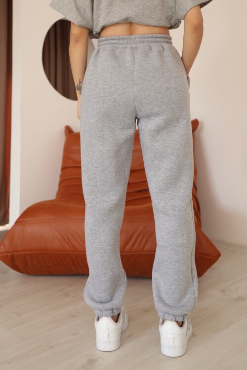 Kadın Gri Melanj Relaxed Kalıp Paça ve Bel Lastik Detaylı Eşofman Altı