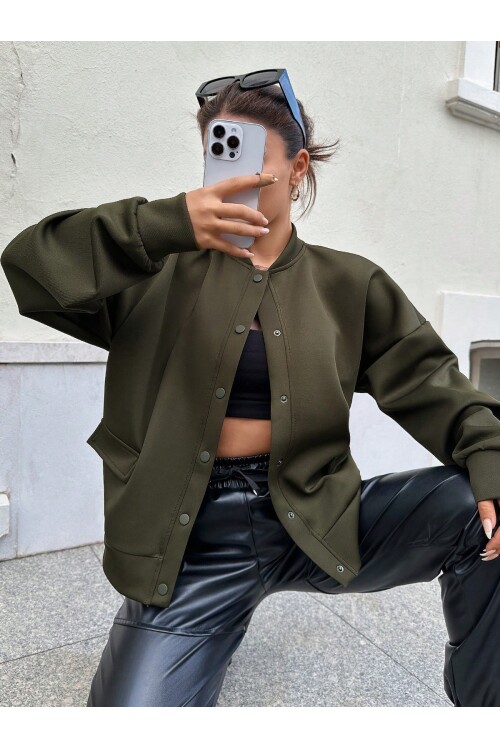 Kadın Haki Cep Detaylı ve Çıtçıt Detaylı Scuba Örme Ceket