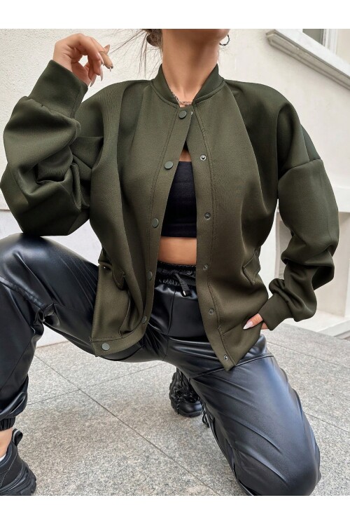 Kadın Haki Cep Detaylı ve Çıtçıt Detaylı Scuba Örme Ceket