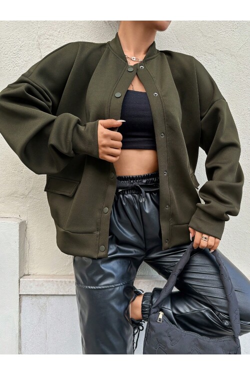 Kadın Haki Cep Detaylı ve Çıtçıt Detaylı Scuba Örme Ceket