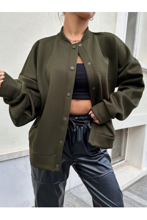 Kadın Haki Cep Detaylı ve Çıtçıt Detaylı Scuba Örme Ceket