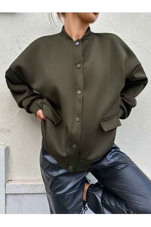 Kadın Haki Cep Detaylı ve Çıtçıt Detaylı Scuba Örme Ceket