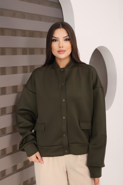 Kadın Haki Cep Detaylı ve Çıtçıt Detaylı Scuba Örme Ceket