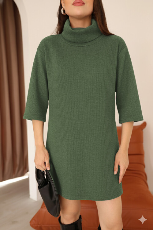 Kadın Haki Selanik Kumaş Boğazlı Geniş Kesim Diz Üstü Elbise