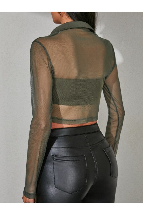 Kadın Haki Uzun Kollu Tül Crop Gömlek