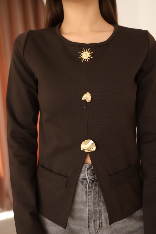 Kadın Kahverengi İnterlok Cep ve Sembolik Düğme Detaylı Kadın Kışlık/Mevsimlik Bluz