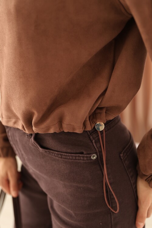 Kadın Kahverengi Süet  Dik Yaka Fermuar ve Etek Ucu Stoper Detaylı Ceket