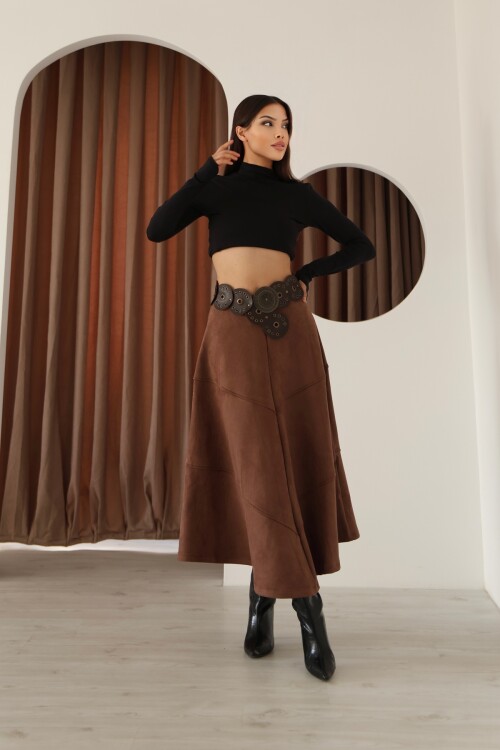 Kadın Kahverengi Süet Volanlı A Kesim Etek