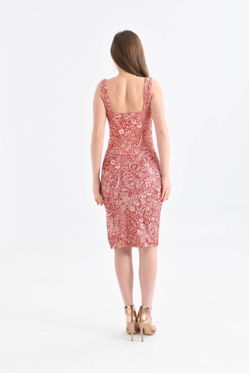 Kadın Kiremit Esnek Kumaş Vücudu Saran Crop ve Yırtmaçlı Etek İkili Takım