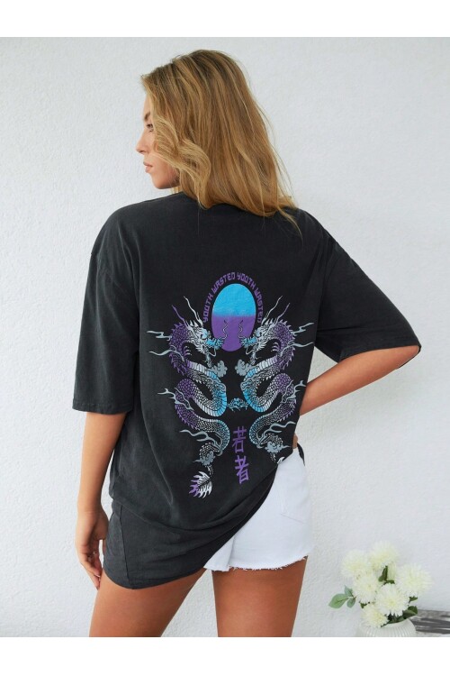 Kadın Koyu Gri Bisiklet Yaka Yarım Kol Ön ve Arka Baskı Detaylı T-Shirt