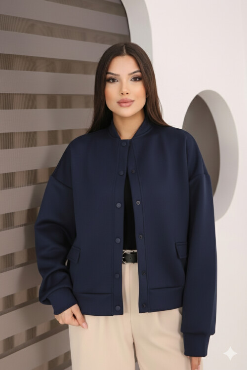 Kadın Lacivert Cep Detaylı ve Çıtçıt Detaylı Scuba Örme Ceket