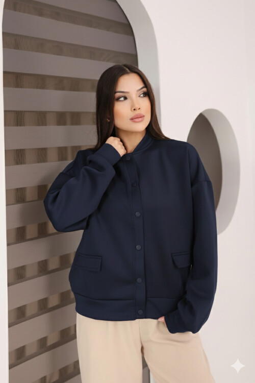 Kadın Lacivert Cep Detaylı ve Çıtçıt Detaylı Scuba Örme Ceket