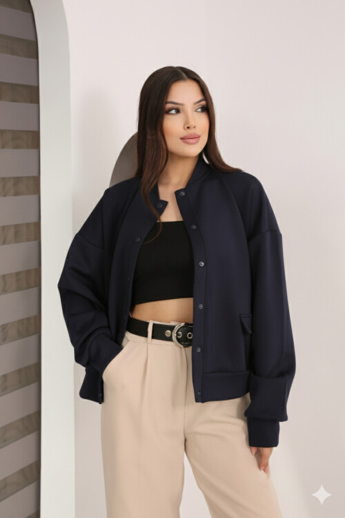 Kadın Lacivert Cep Detaylı ve Çıtçıt Detaylı Scuba Örme Ceket