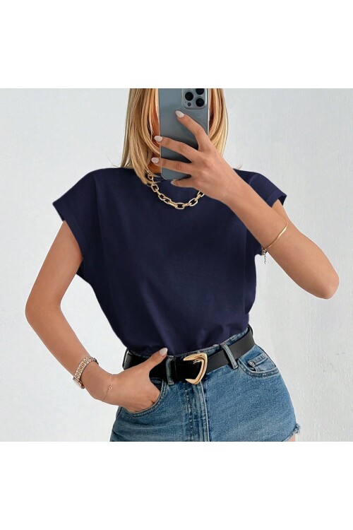 Kadın Lacivert Düşük Kol Pamuklu Örme T-Shirt