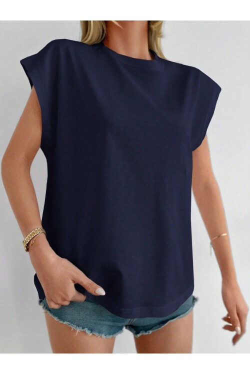 Kadın Lacivert Düşük Kol Pamuklu Örme T-Shirt