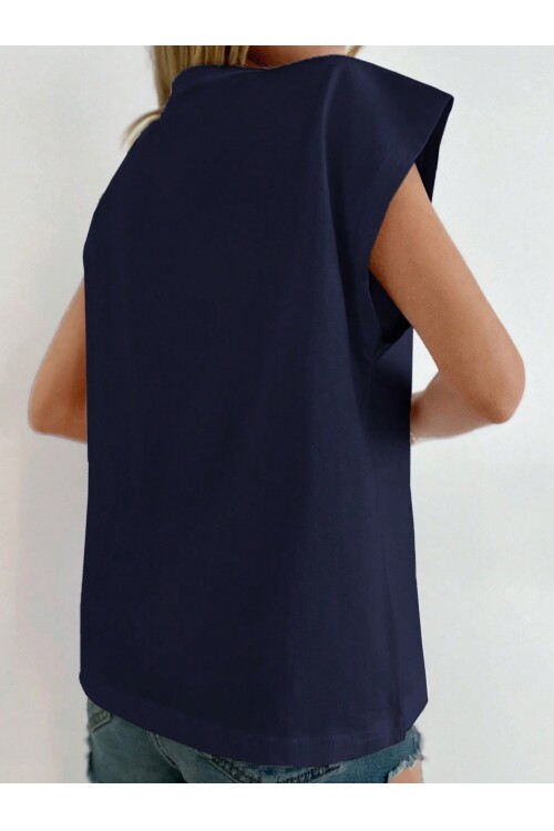 Kadın Lacivert Düşük Kol Pamuklu Örme T-Shirt