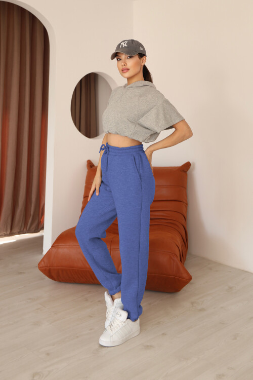 Kadın Mavi Relaxed Kalıp Paça ve Bel Lastik Detaylı Eşofman Altı